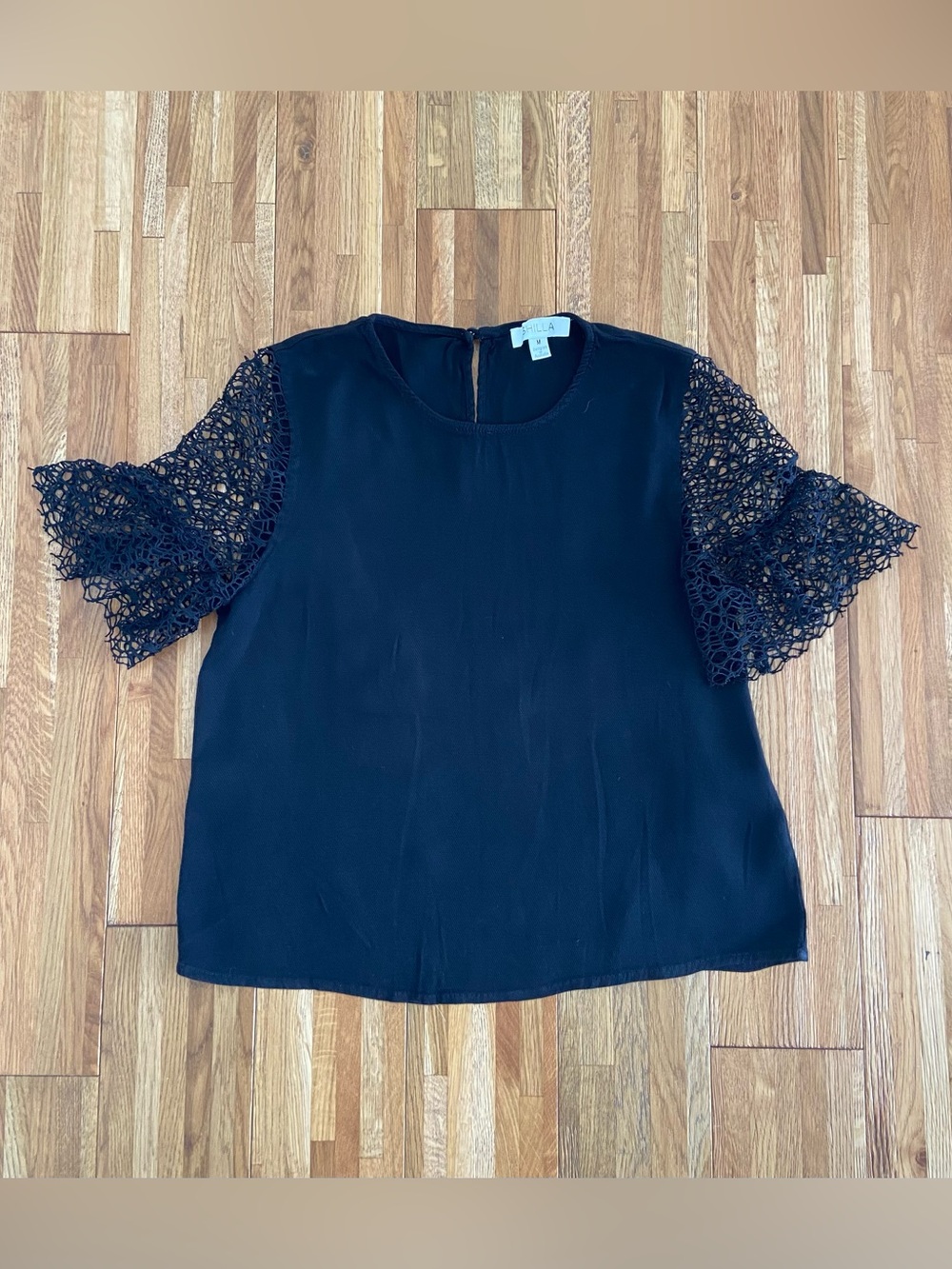 Shilla Black Top with Crochet Lace Ruffle Sleeves | Size M